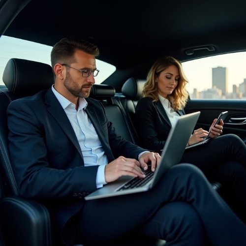 Business professionals working inside a luxury chauffeured vehicle during executive transportation service.