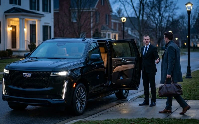 black SUV with a chauffeur and a traveler in the morning