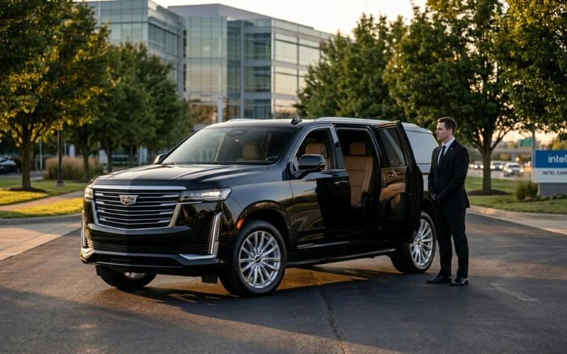 chauffeur by a black cadillac with open doors