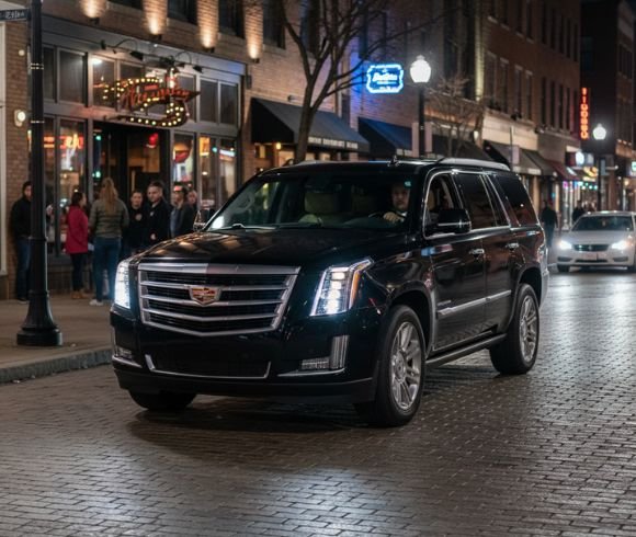 Black SUV driving through busy nightlife street with people and lights