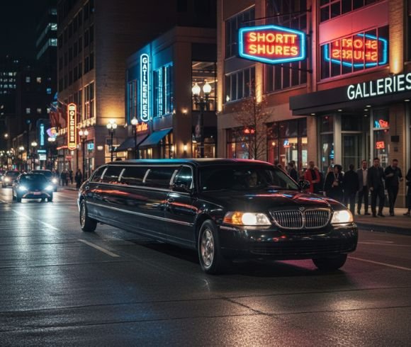 Black stretch limousine driving through a vibrant Columbus nightlife street with neon lights.