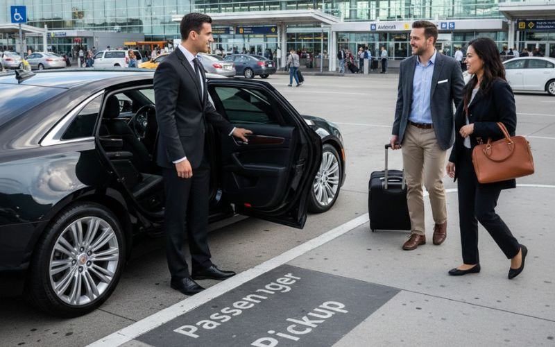 Chauffeur holding car door open as two passengers walk toward airport pickup area.