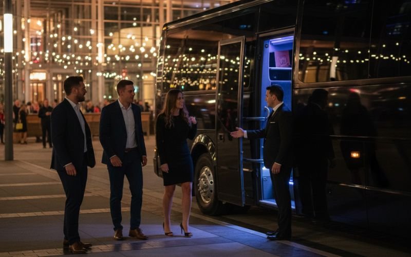 Chauffeur welcoming group to luxury party bus outside event venue at night.