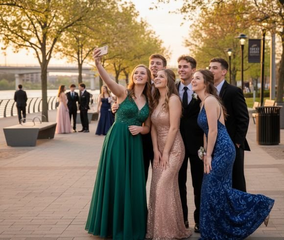 Group of prom students smiling for photo by riverfront promenade at sunset.