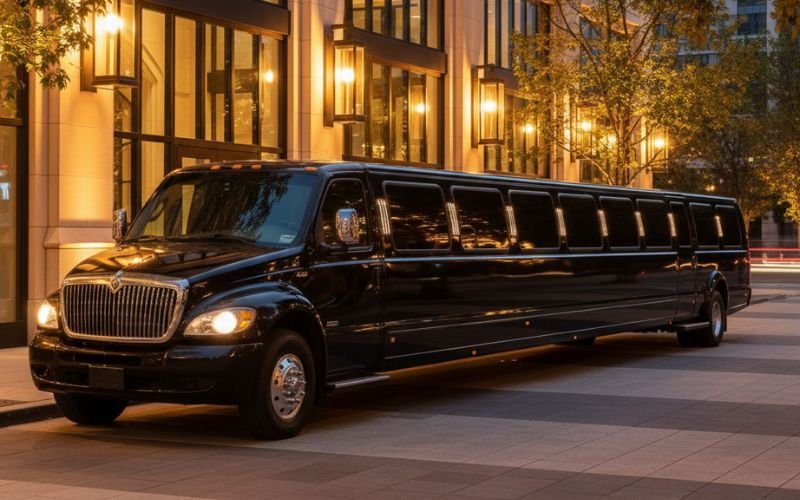 Long black limo bus positioned near upscale building entrance under soft golden lights.