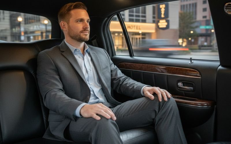 Passenger relaxing in backseat of luxury limousine while riding through city streets Passenger relaxing in backseat of luxury limousine while riding through city streets.