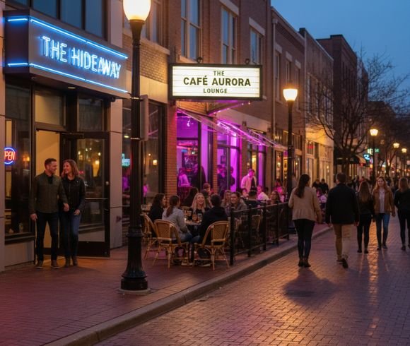 People walking past busy restaurants and lounges on a lively evening street.