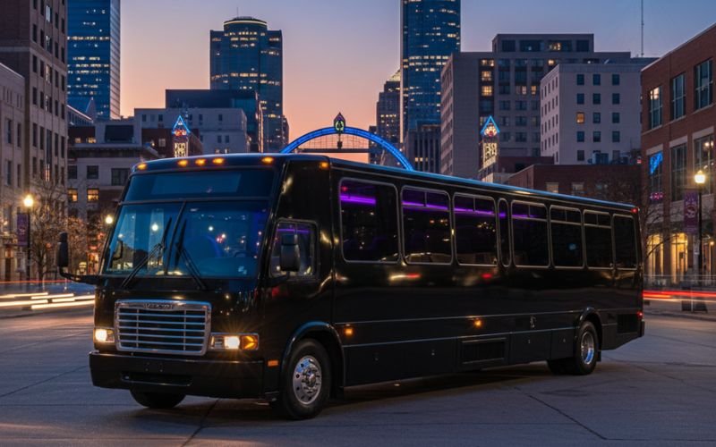 Premium black party bus positioned in Columbus skyline with soft evening lighting glow.