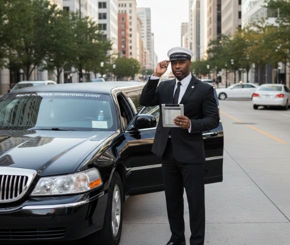 Professional chauffeur holding tablet beside black limousine on busy downtown city street.
