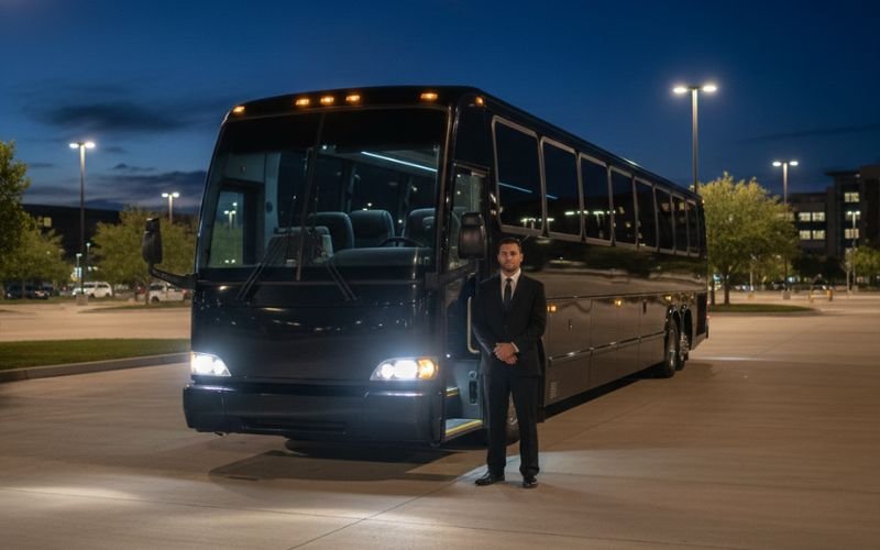 Professional chauffeur standing beside large party bus in well-lit parking area.