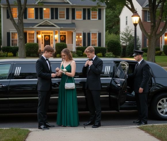 Teens dressed for prom standing beside limousine while chauffeur waits near open door.