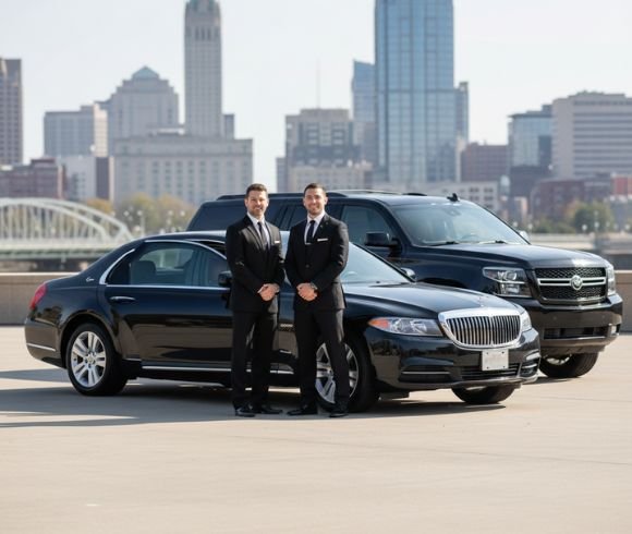 Two chauffeurs standing beside luxury sedan and SUV with Columbus skyline background.