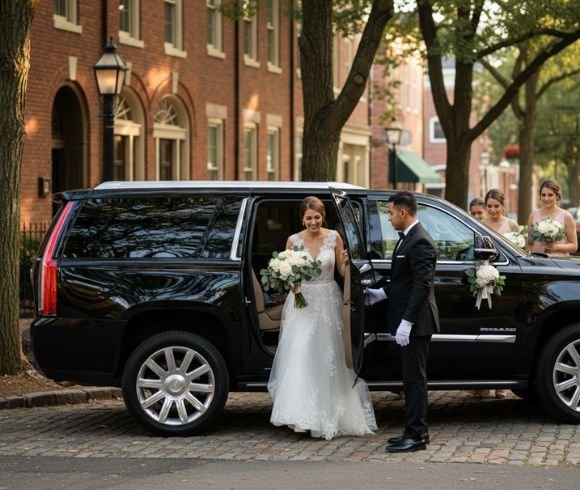 Bride exiting black SUV with chauffeur as bridesmaids follow on cobblestone street