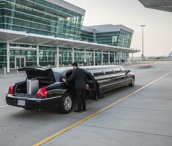 Chauffeur loading luggage into a black stretch limousine outside a modern airport terminal.