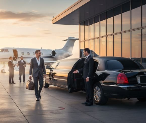 Chauffeur welcomes VIP passenger to limousine beside private jet at FBO.