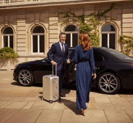 Professional chauffeur assisting passenger beside luxury sedan with luggage.