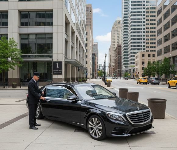 Professional chauffeur holds car door outsideColumbus city