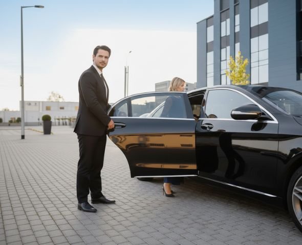 Professional chauffeur opening luxury sedan door.