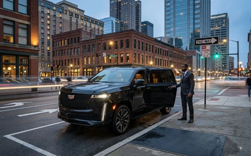 black suv with chauffeur in a city intersection
