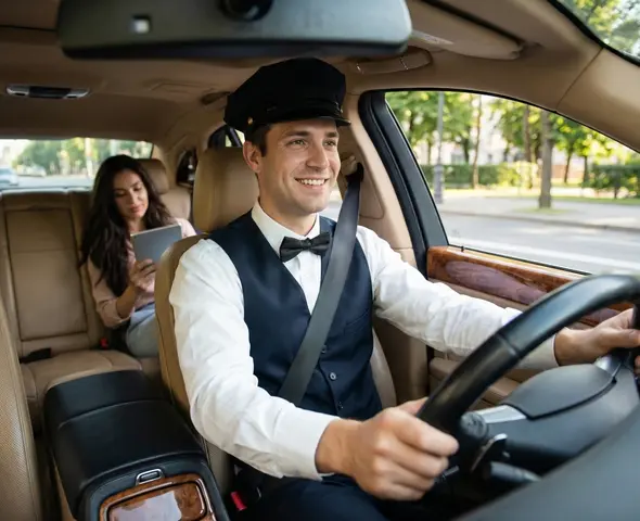Smiling chauffeur in a uniform driving a luxury sedan with a female passenger using a tablet in the back seat.