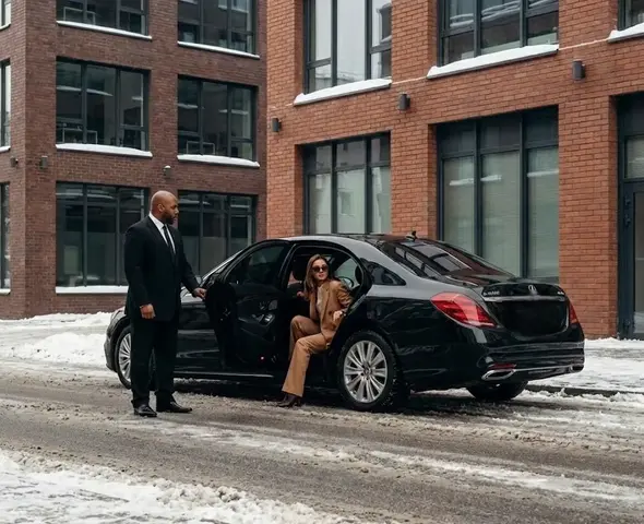 Chauffeur in a gray suit opening the door of a black luxury car for a smiling woman in a light blue dress, viewed from an elevated angle on a concrete surface.