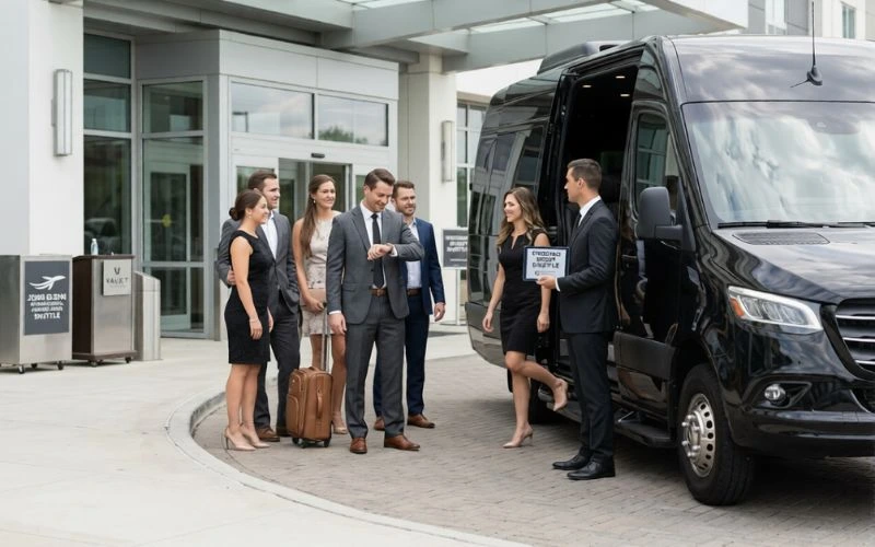 wedding guests boarding a black mercedes shuttle van