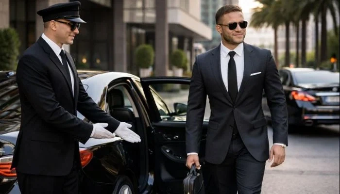 chauffeur gesturing toward open door for businessman.