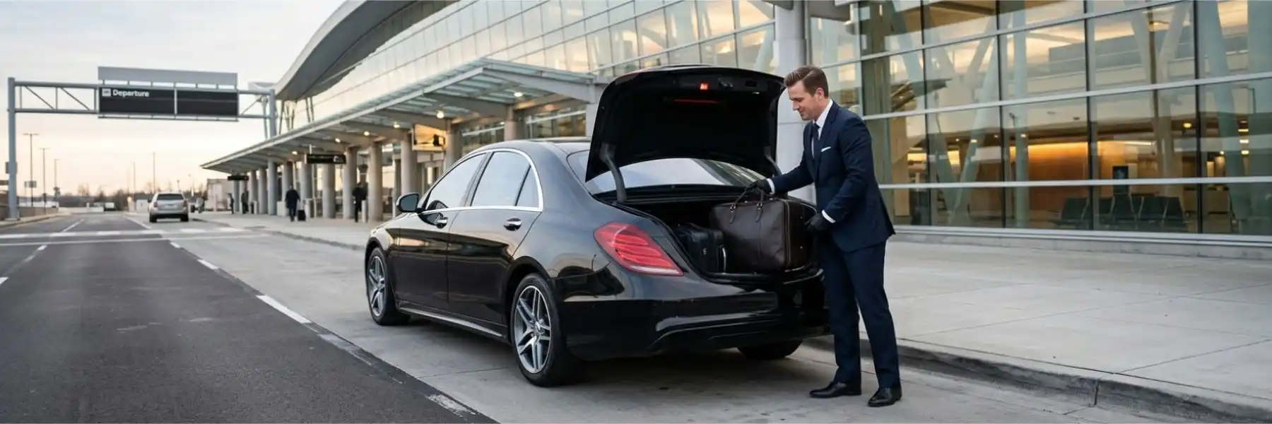Chauffeur loading luggage into a black luxury sedan at an airport terminal.