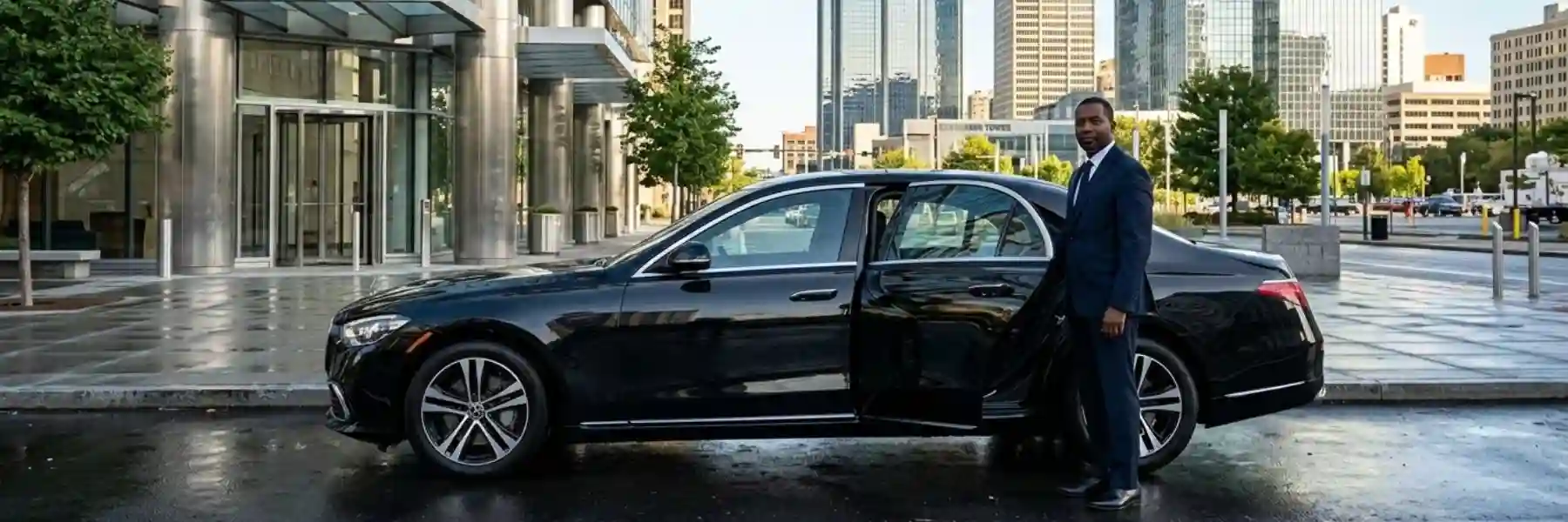 Professional Chauffeur stands beside black luxury sedan