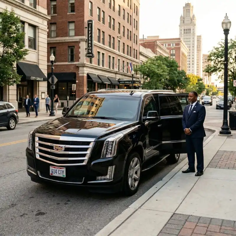 chauffeur with black luxury suv in columbus