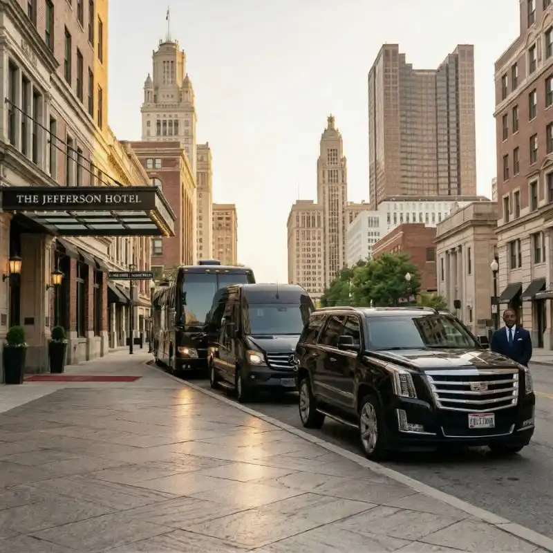 chauffeur with luxury cars outside a hotel