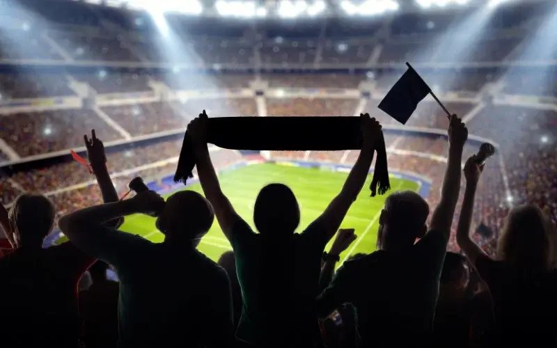 fans cheering at a soccer stadium