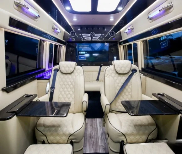 luxury limo sprinter van interior with cream seats