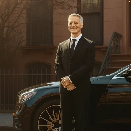 smiling chauffeur standing in front of black car