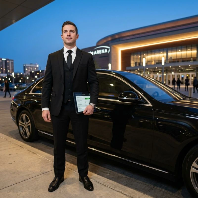 chauffeur in black suit beside luxury sedan car chauffeur in black suit beside luxury sedan car