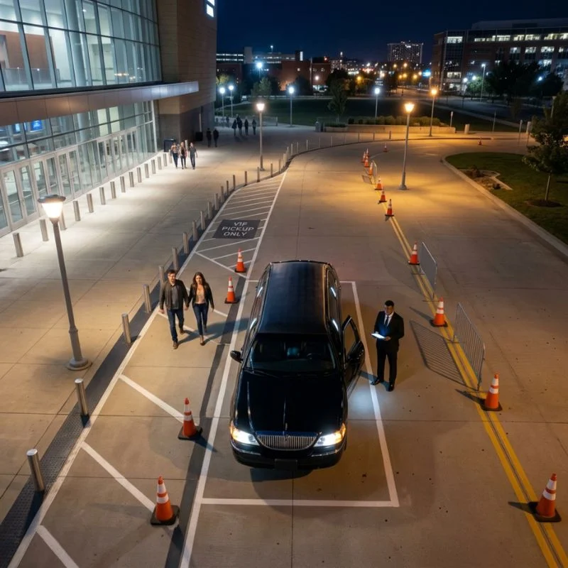 top down view of limousine and waiting chauffeur top down view of limousine and waiting chauffeur