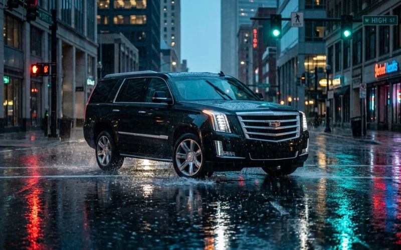 black suv on a wet city street at night