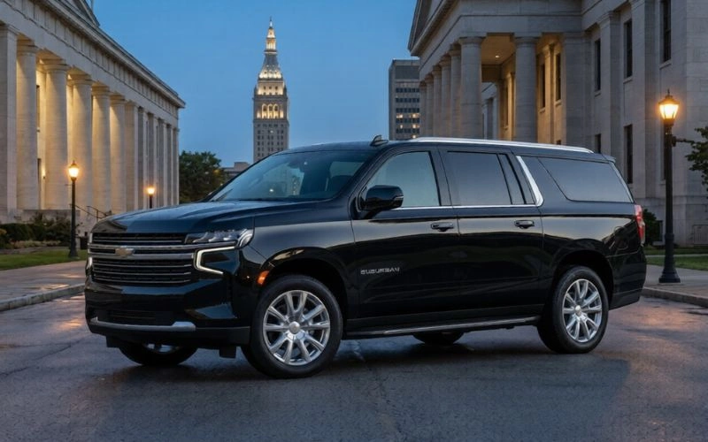 black suv parked in front of large pillars