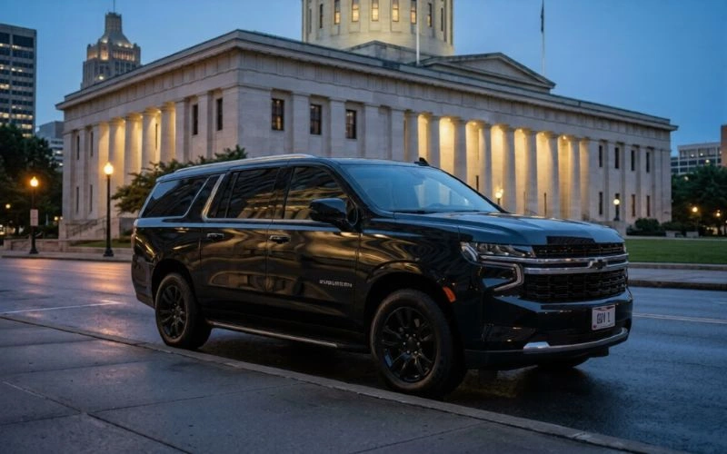 black suv parked in front of statehouse