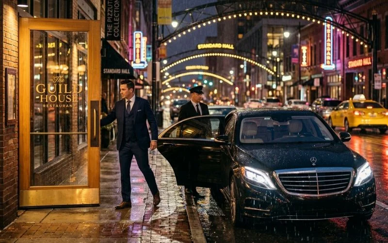 businessman exits luxury car on vibrant city street