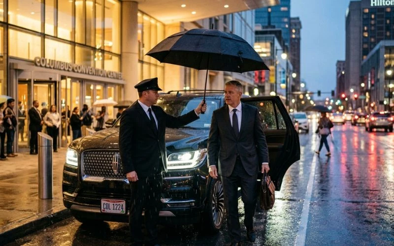 chauffeur holding umbrella for businessman by luxury suv