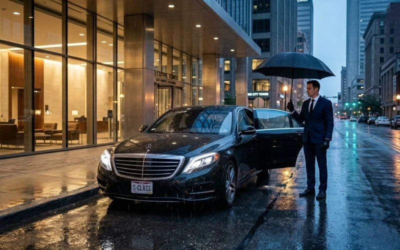 man with umbrella at car near building city