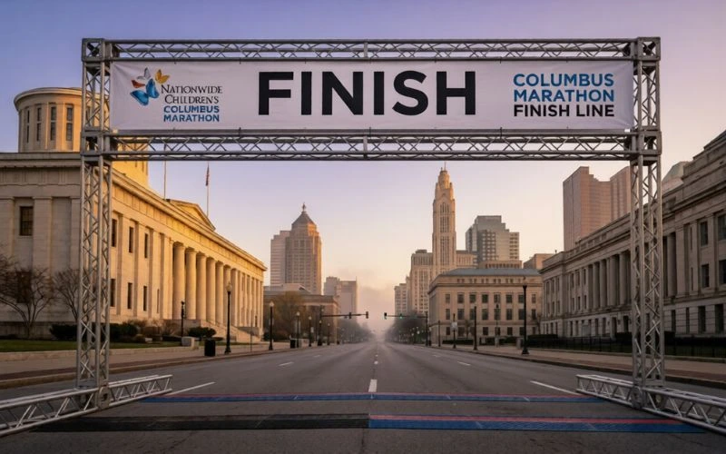 marathon finish line banner in empty city