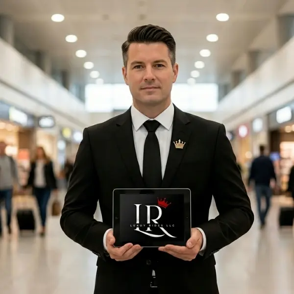 professional chauffeur holding digital tablet inside airport terminal
