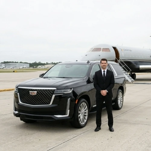 professional chauffeur standing next to luxury black suv