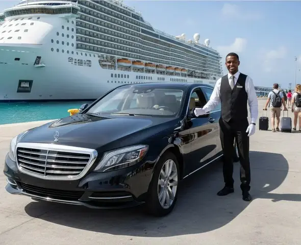 Black Mercedes sedan with chauffeur for Columbus cruise port transfer service