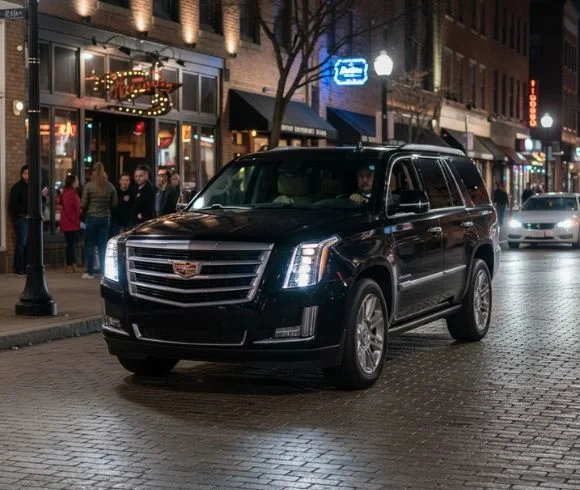 Black SUV driving through busy city street at night with lights and pedestrians. Black SUV driving through busy city street at night with lights and pedestrians.