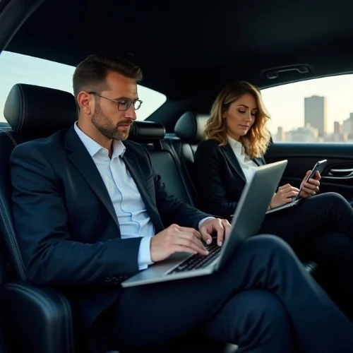Business travelers in a luxury sedan for executive transportation in Columbus