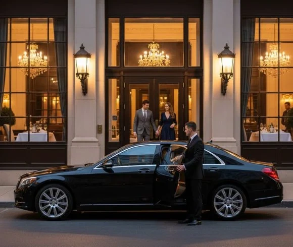 Chauffeur-opening-luxury-sedan-door-as-couple-exits-elegant-restaurant
