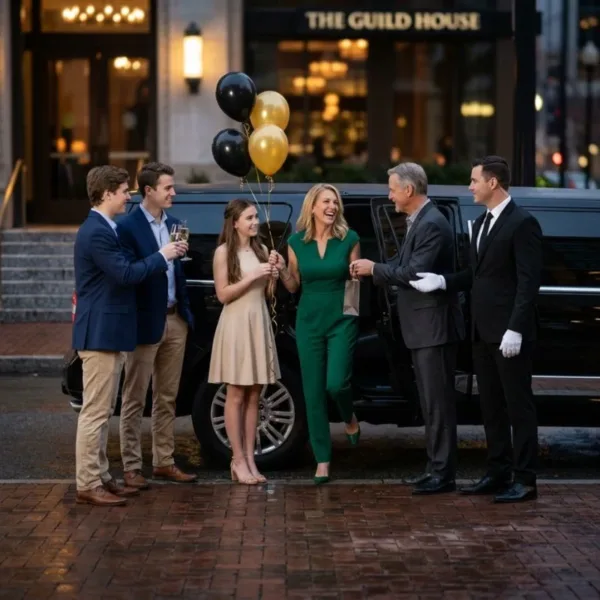 Family boarding a luxury limousine with a professional chauffeur. Family boarding a luxury limousine with a professional chauffeur.